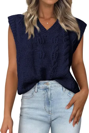BTFBM Womens Oversized Sweater Vest 2025 Summer V Neck Casual Sleeveless Sweaters Loose Cable Knit Pullover Tops