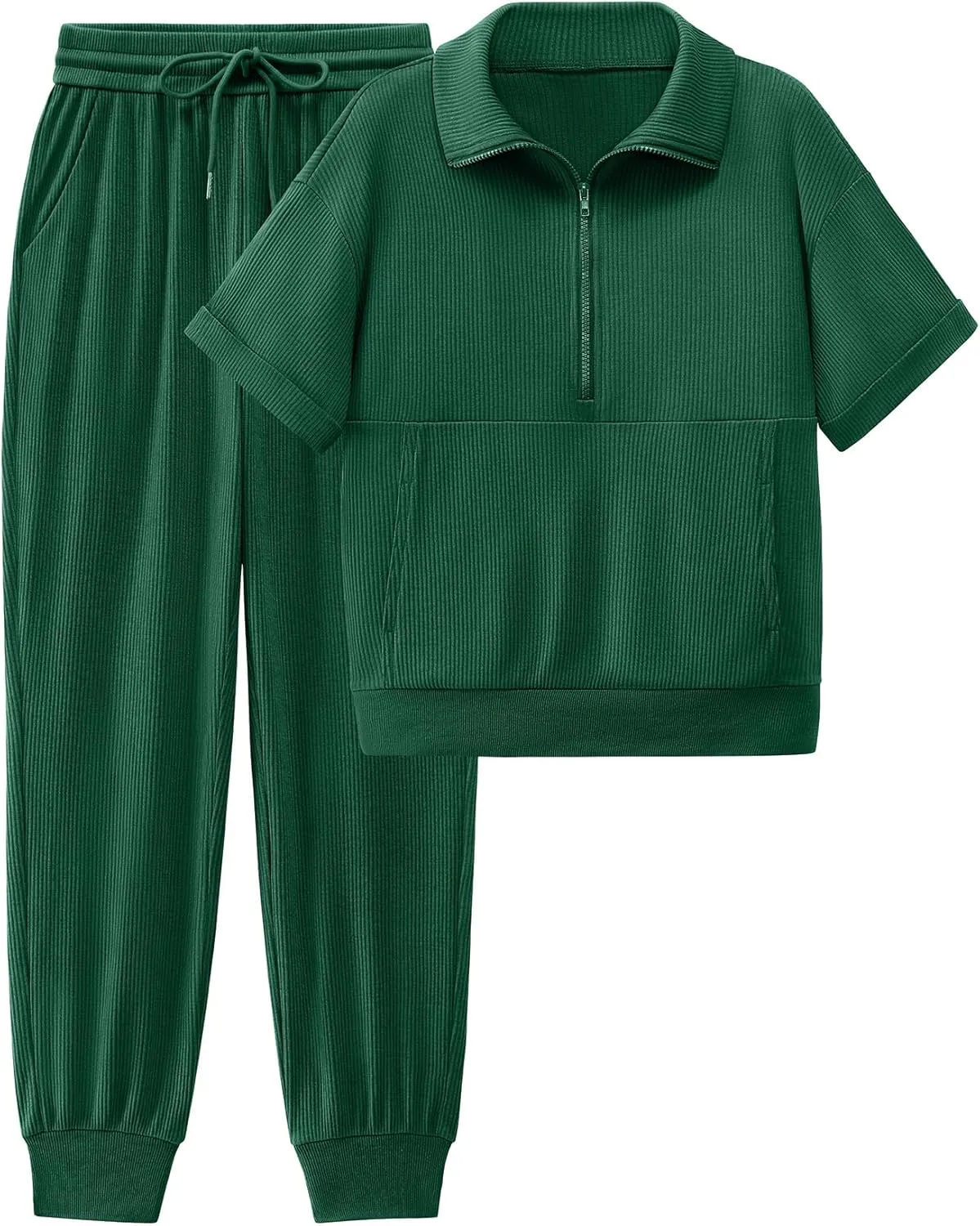 BTFBM Women's Summer 2 Piece Outfits Short Sleeve Half Zip Sweatshirt Jogger Sweatpants Sets Lounge Sweatsuits Tracksuit