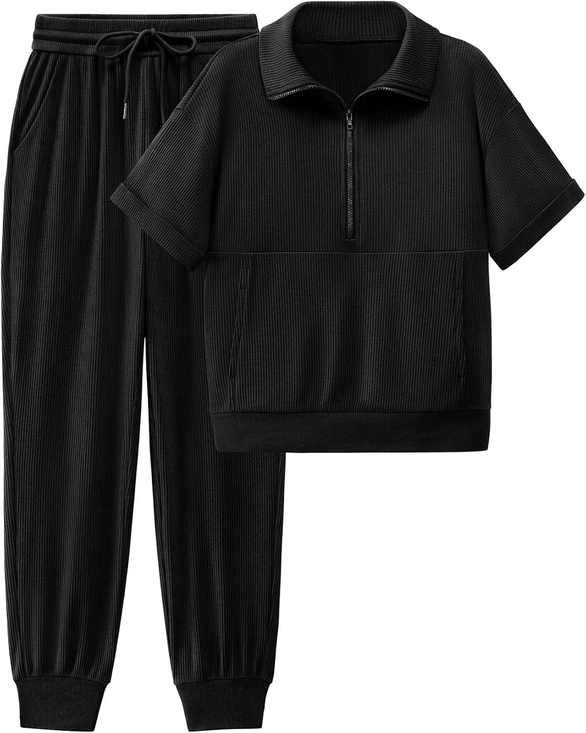 BTFBM Women's Summer 2 Piece Outfits Short Sleeve Half Zip Sweatshirt Jogger Sweatpants Sets Lounge Sweatsuits Tracksuit