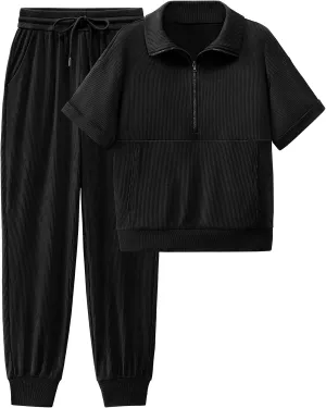 BTFBM Women's Summer 2 Piece Outfits Short Sleeve Half Zip Sweatshirt Jogger Sweatpants Sets Lounge Sweatsuits Tracksuit