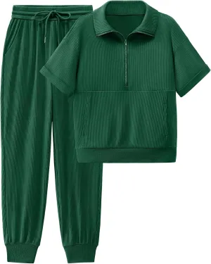 BTFBM Women's Summer 2 Piece Outfits Short Sleeve Half Zip Sweatshirt Jogger Sweatpants Sets Lounge Sweatsuits Tracksuit
