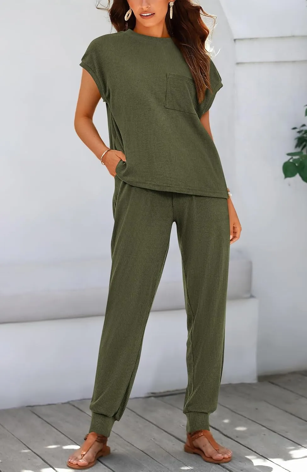 BTFBM Women's Two Piece Tracksuit Short Sleeve Tops Long Pants With Drawstring Outfits Jogger Sets
