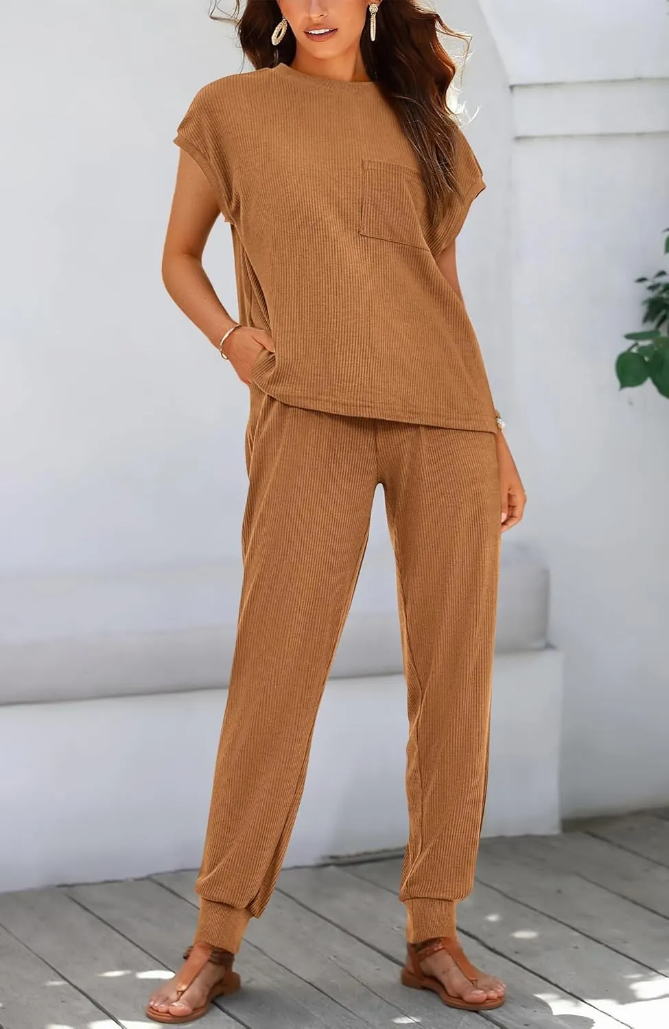 BTFBM Women's Two Piece Tracksuit Short Sleeve Tops Long Pants With Drawstring Outfits Jogger Sets