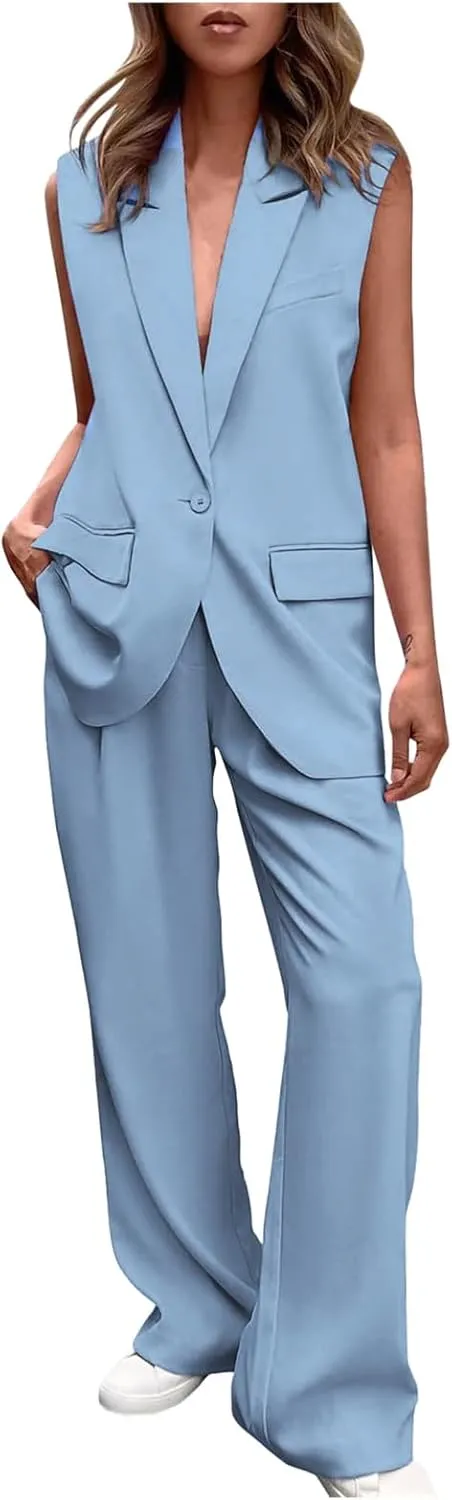 Business Outfits For Women 2025 Trendy Sleeveless Suit Vest And Wide Leg Pants Outfits Summer Blazer 2 Piece Sets