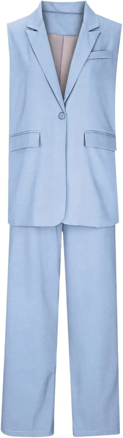 Business Outfits For Women 2025 Trendy Sleeveless Suit Vest And Wide Leg Pants Outfits Summer Blazer 2 Piece Sets