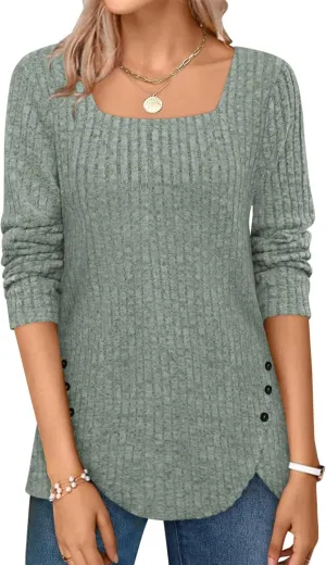 BZB Women's Sweaters Fall 2024 Lightweight Long Sleeve Square Neck Tunic Tops