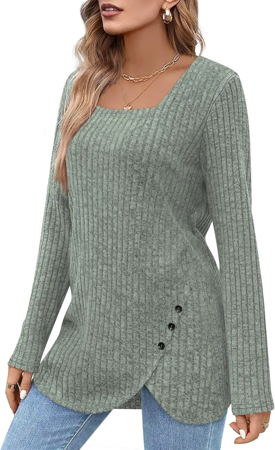 BZB Women's Sweaters Fall 2024 Lightweight Long Sleeve Square Neck Tunic Tops