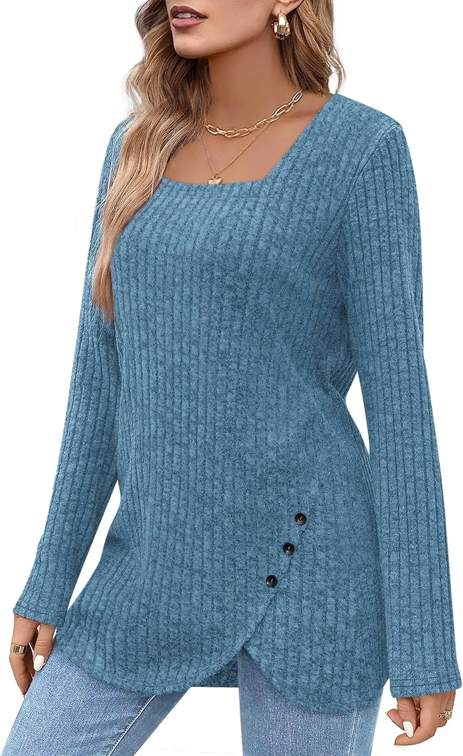 BZB Women's Sweaters Fall 2024 Lightweight Long Sleeve Square Neck Tunic Tops