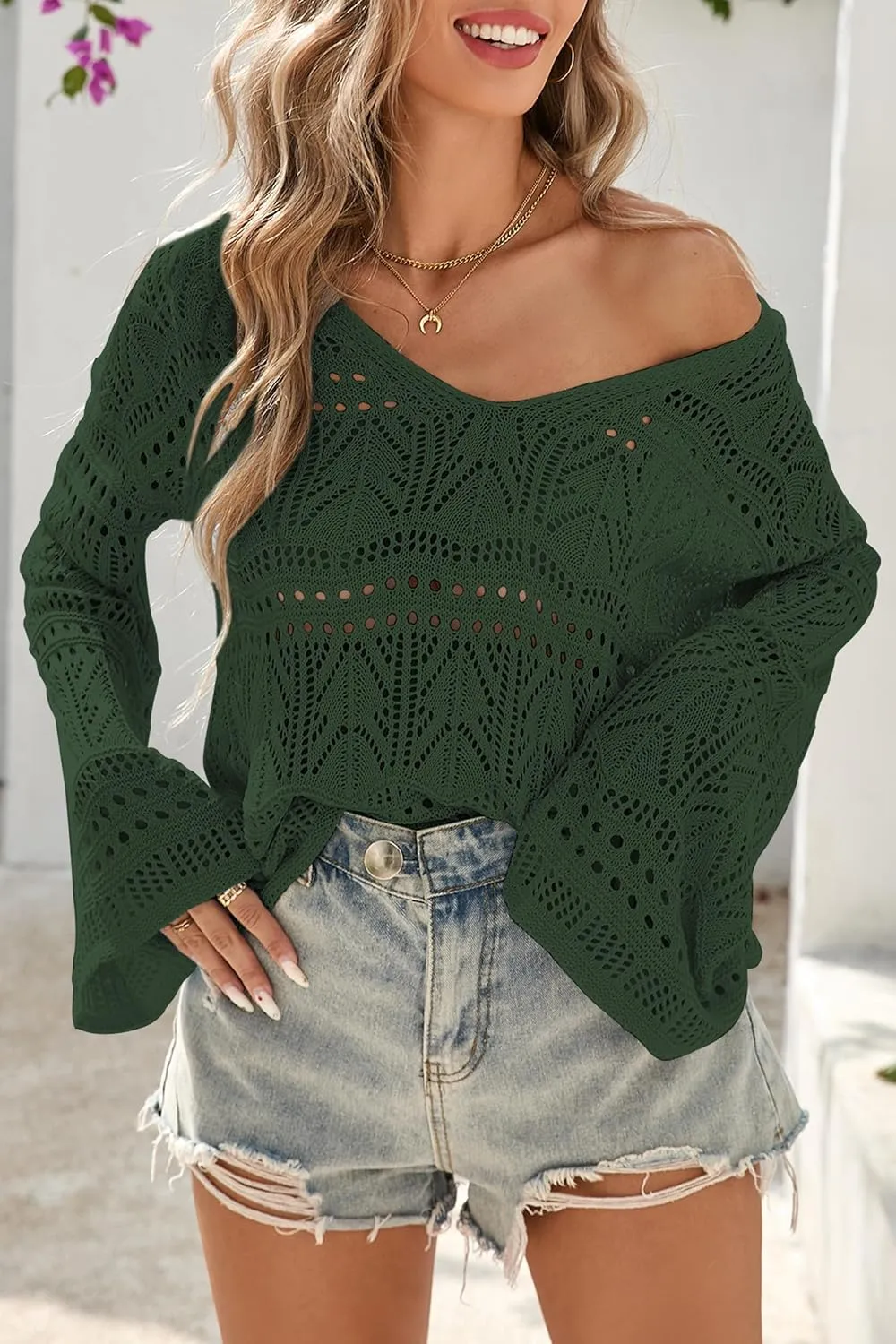 Cakulo Womens Spring Summer Crochet Bell Sleeve Tops Off The Shoulder Knit Sweater Top Beach Cover Up