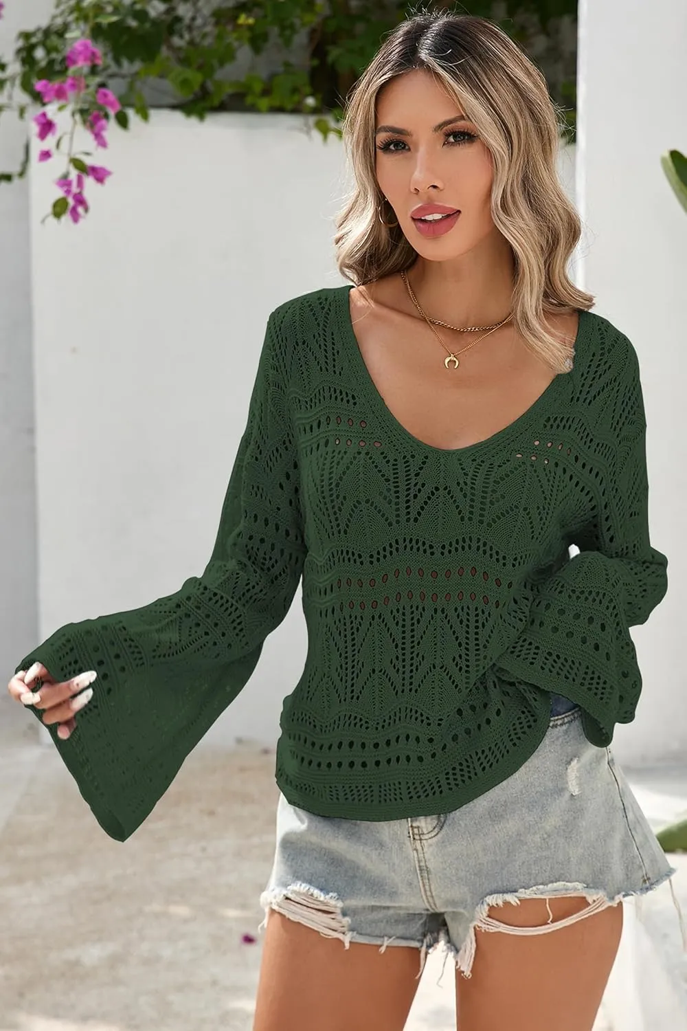 Cakulo Womens Spring Summer Crochet Bell Sleeve Tops Off The Shoulder Knit Sweater Top Beach Cover Up