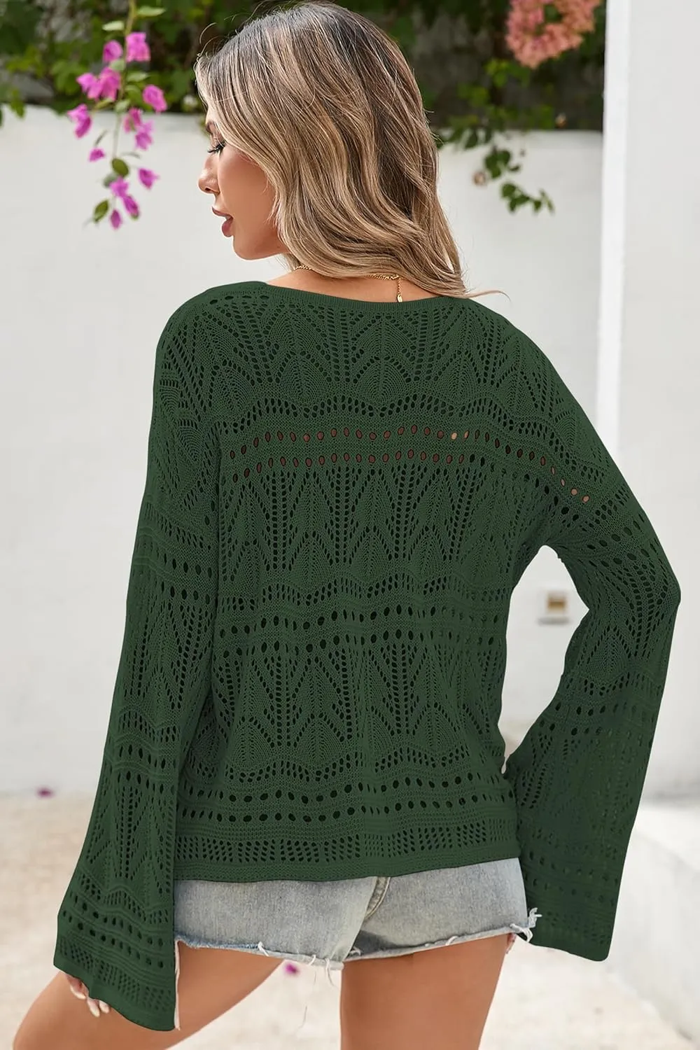 Cakulo Womens Spring Summer Crochet Bell Sleeve Tops Off The Shoulder Knit Sweater Top Beach Cover Up