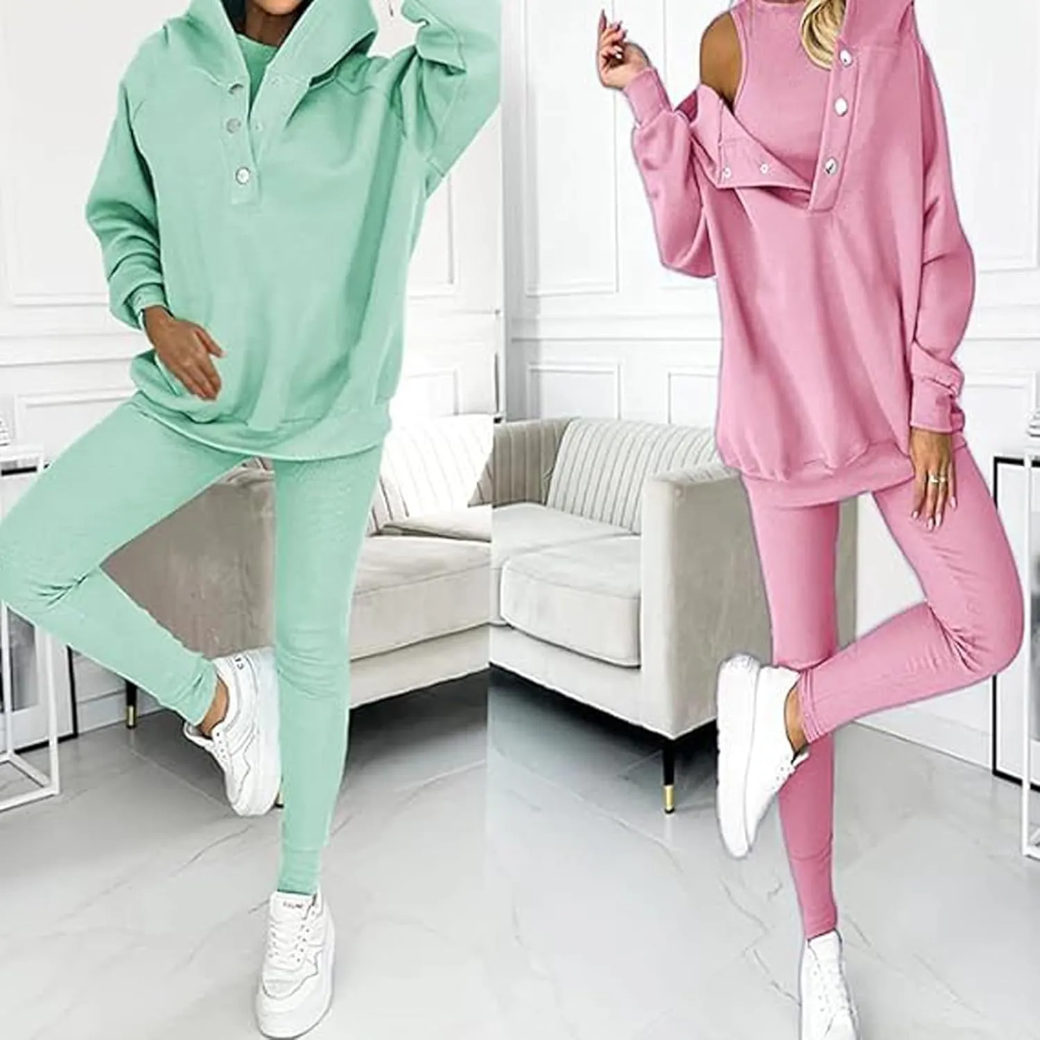 Calmlily 3 Piece Hoodie Set Women, Calmlily 3 Piece Set, Calmlily Oversized Hooded Casual 3pc Sweatshirt Suit