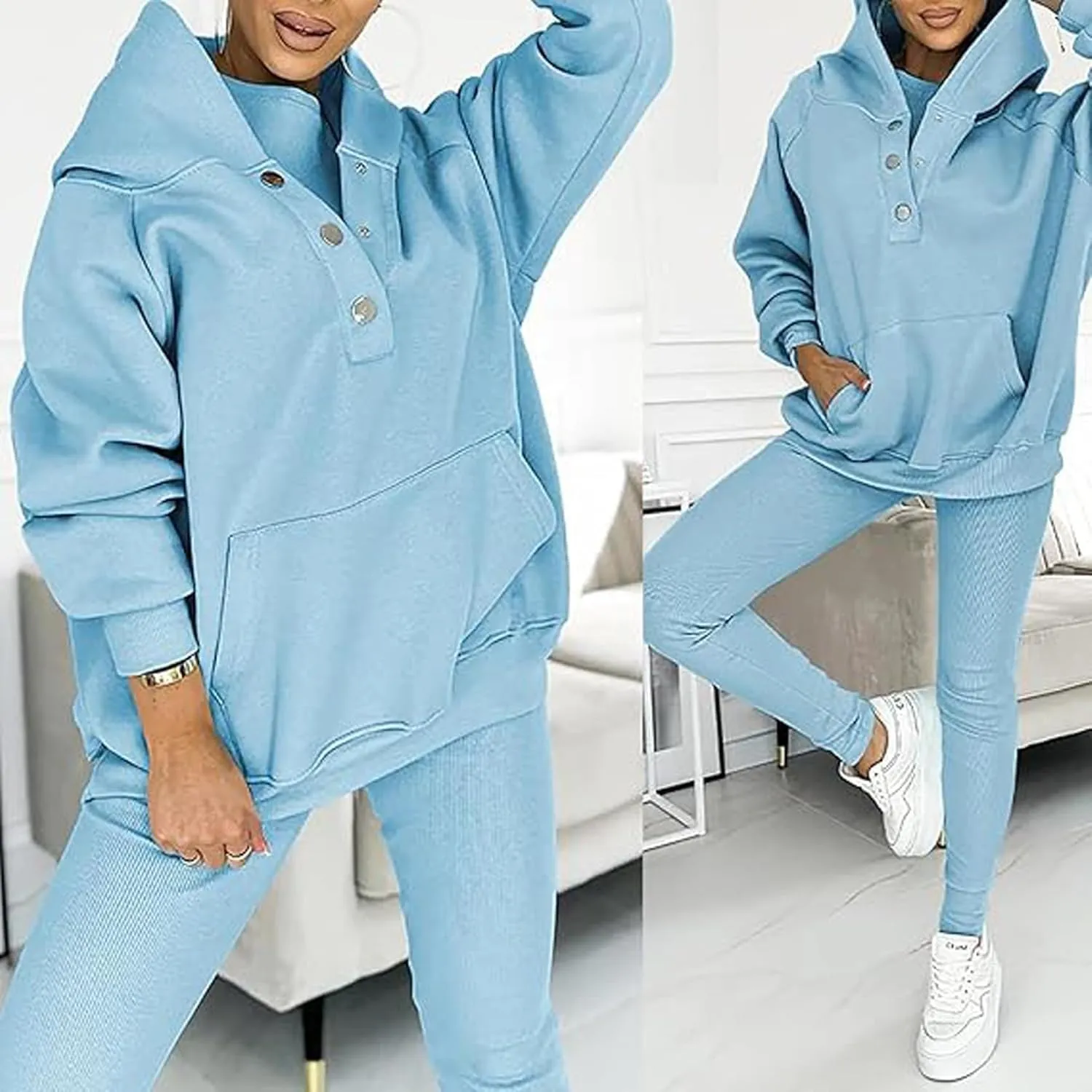 Calmlily 3 Piece Hoodie Set Women, Calmlily 3 Piece Set, Calmlily Oversized Hooded Casual 3pc Sweatshirt Suit