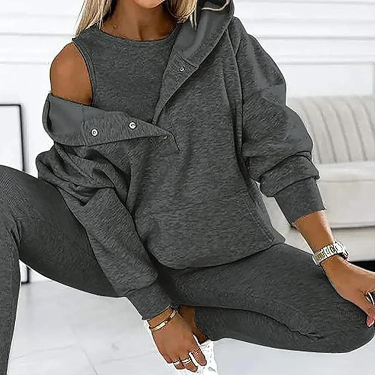 Calmlily 3 Piece Hoodie Set Women, Calmlily 3 Piece Set, Calmlily Oversized Hooded Casual 3pc Sweatshirt Suit