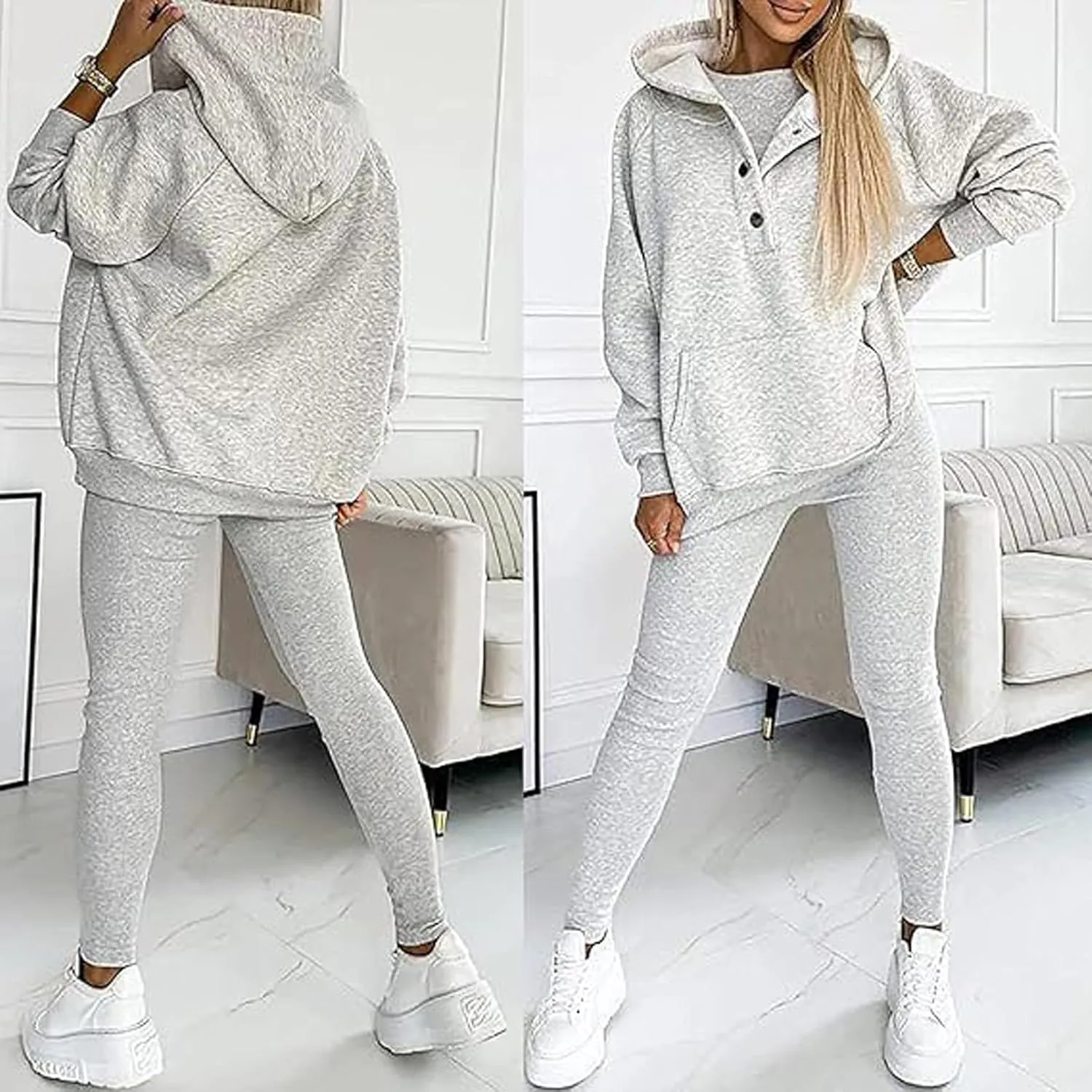 Calmlily 3 Piece Hoodie Set Women, Calmlily 3 Piece Set, Calmlily Oversized Hooded Casual 3pc Sweatshirt Suit