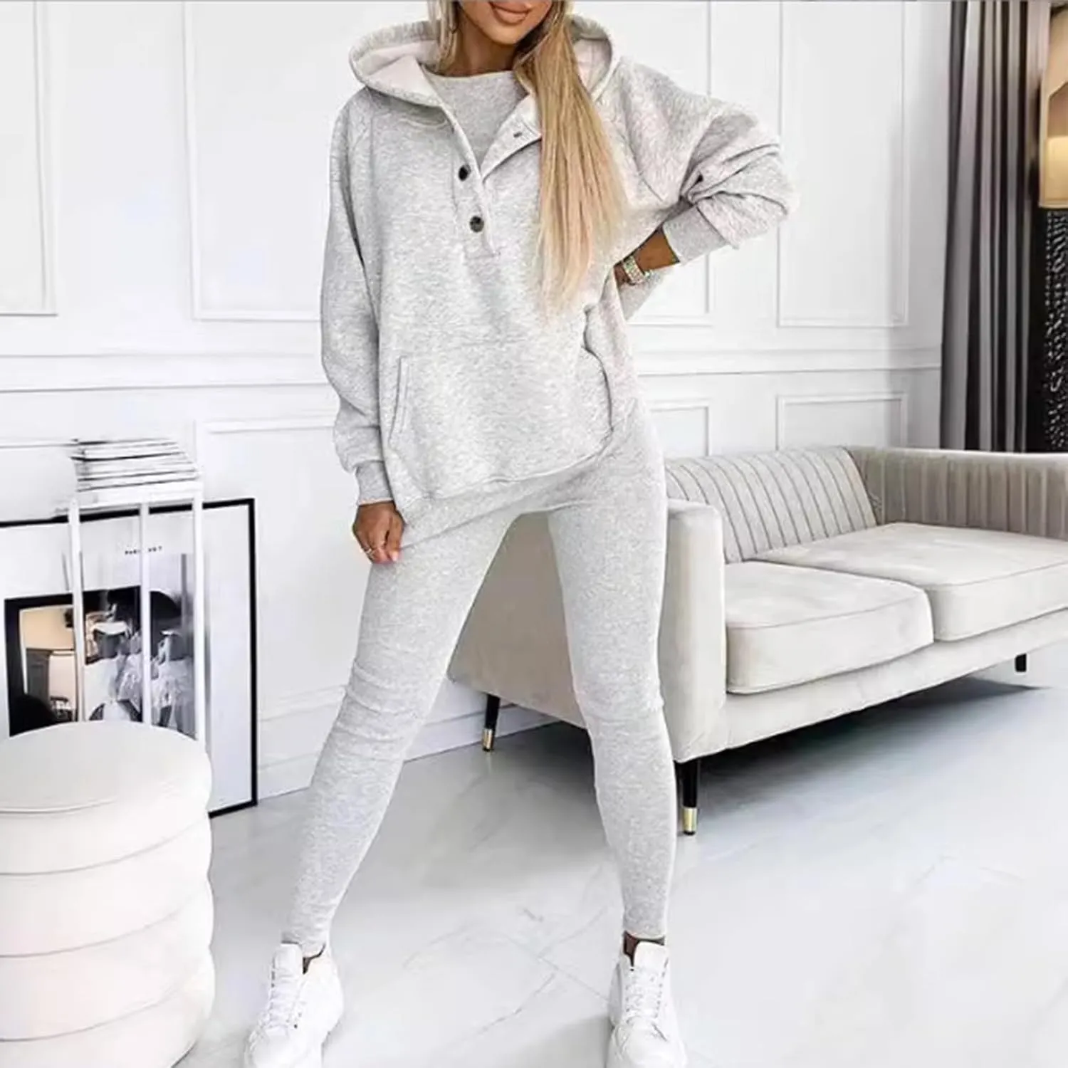 Calmlily 3 Piece Hoodie Set Women, Calmlily Solid Oversized Button Hoodie, 3 Piece Oversized Hoodie Sets for Women