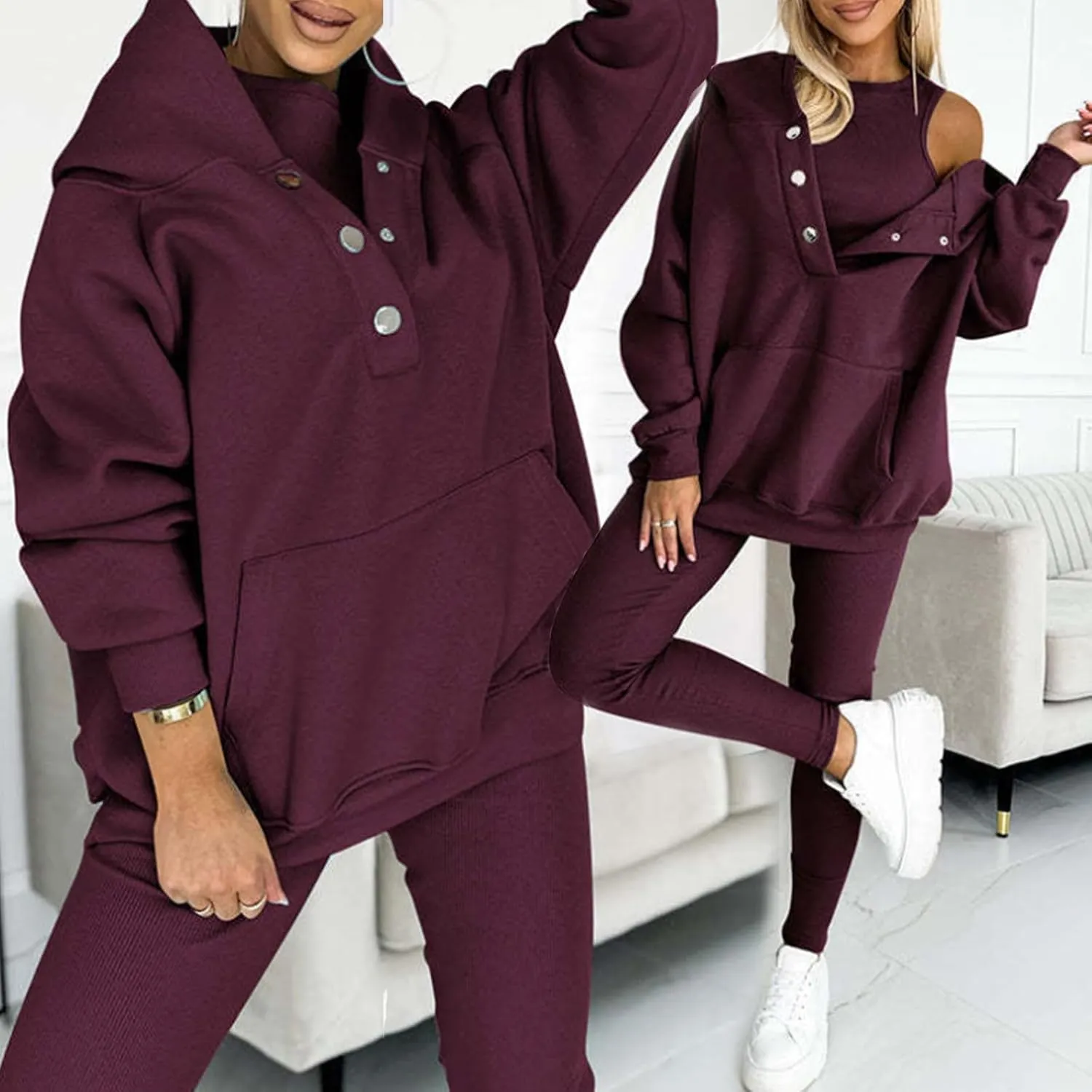 Calmlily 3 Piece Hoodie Set Women, Calmlily Solid Oversized Button Hoodie, 3 Piece Oversized Hoodie Sets for Women