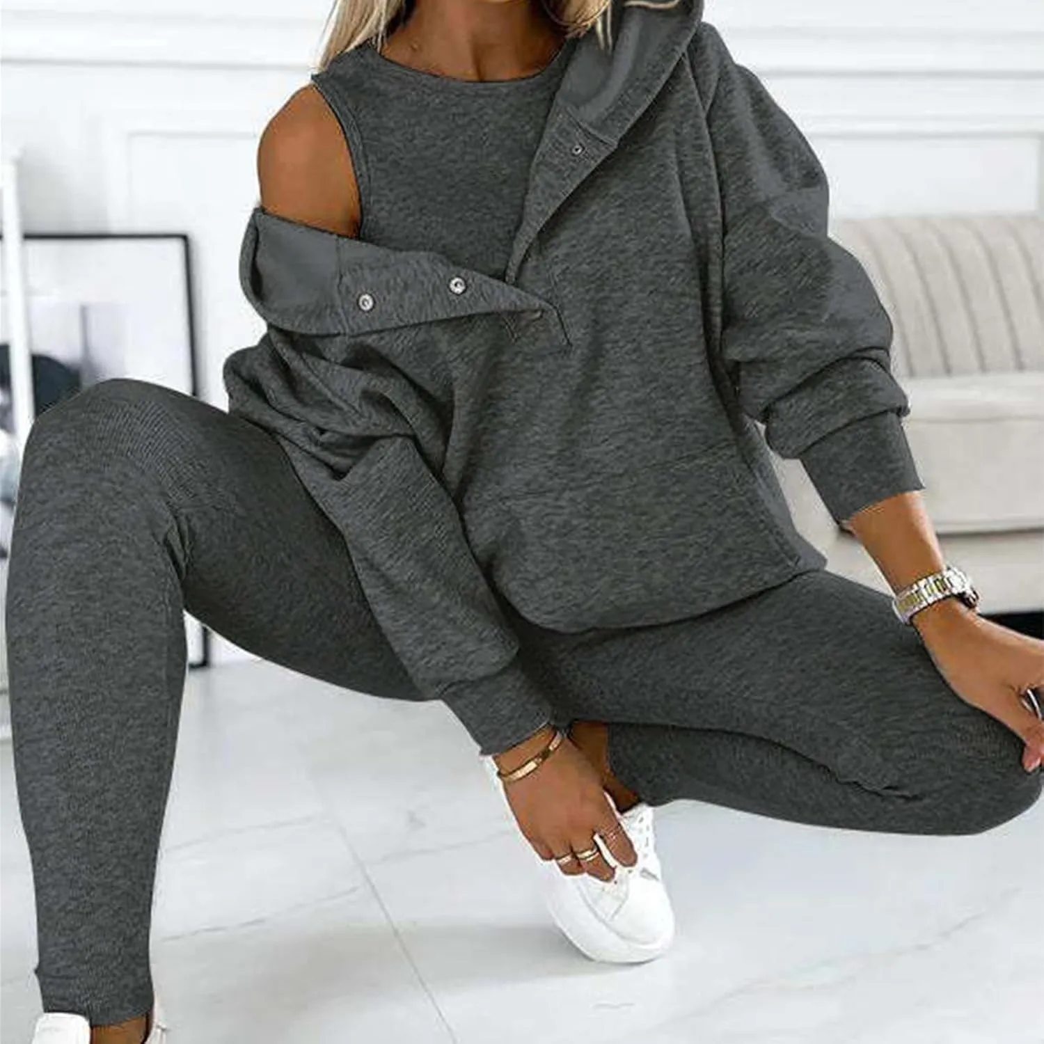 Calmlily 3 Piece Hoodie Set Women, Calmlily Solid Oversized Button Hoodie, 3 Piece Oversized Hoodie Sets for Women