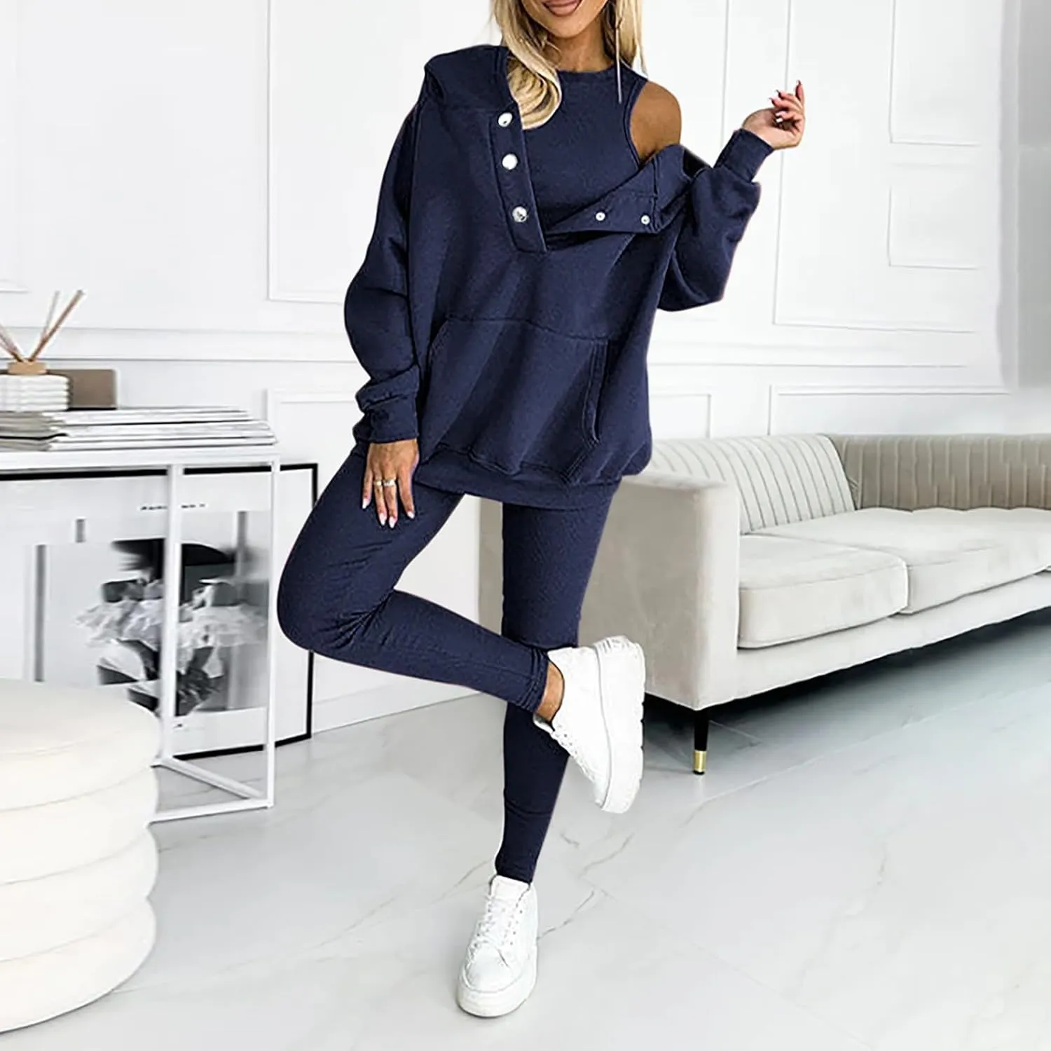 Calmlily 3 Piece Hoodie Set Women, Calmlily Solid Oversized Button Hoodie, Casual Hooded & Sweatshirt Suit