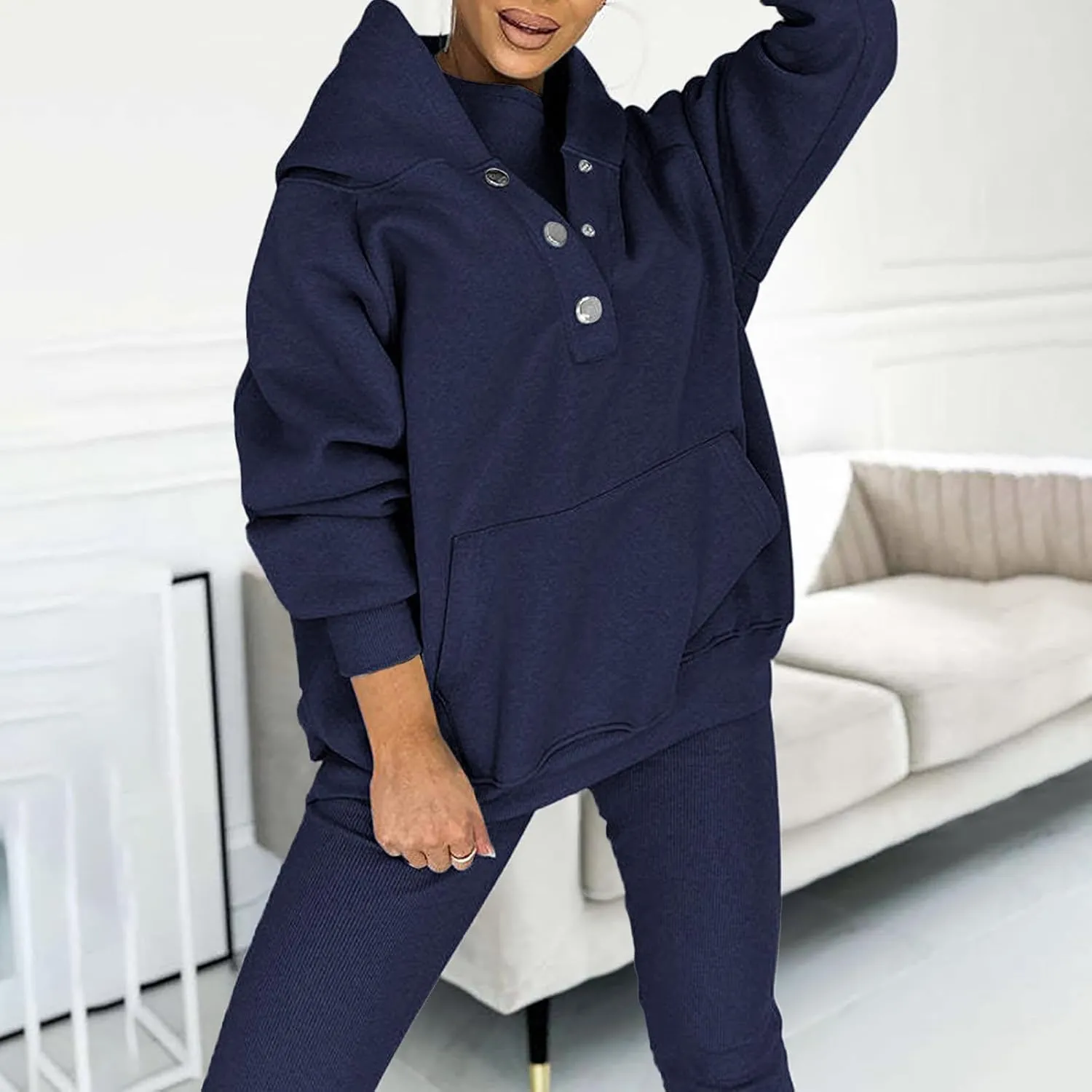 Calmlily 3 Piece Hoodie Set Women, Calmlily Solid Oversized Button Hoodie, Casual Hooded & Sweatshirt Suit