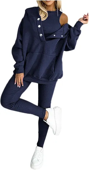 Calmlily 3 Piece Hoodie Set Women, Calmlily Solid Oversized Button Hoodie, Casual Hooded & Sweatshirt Suit