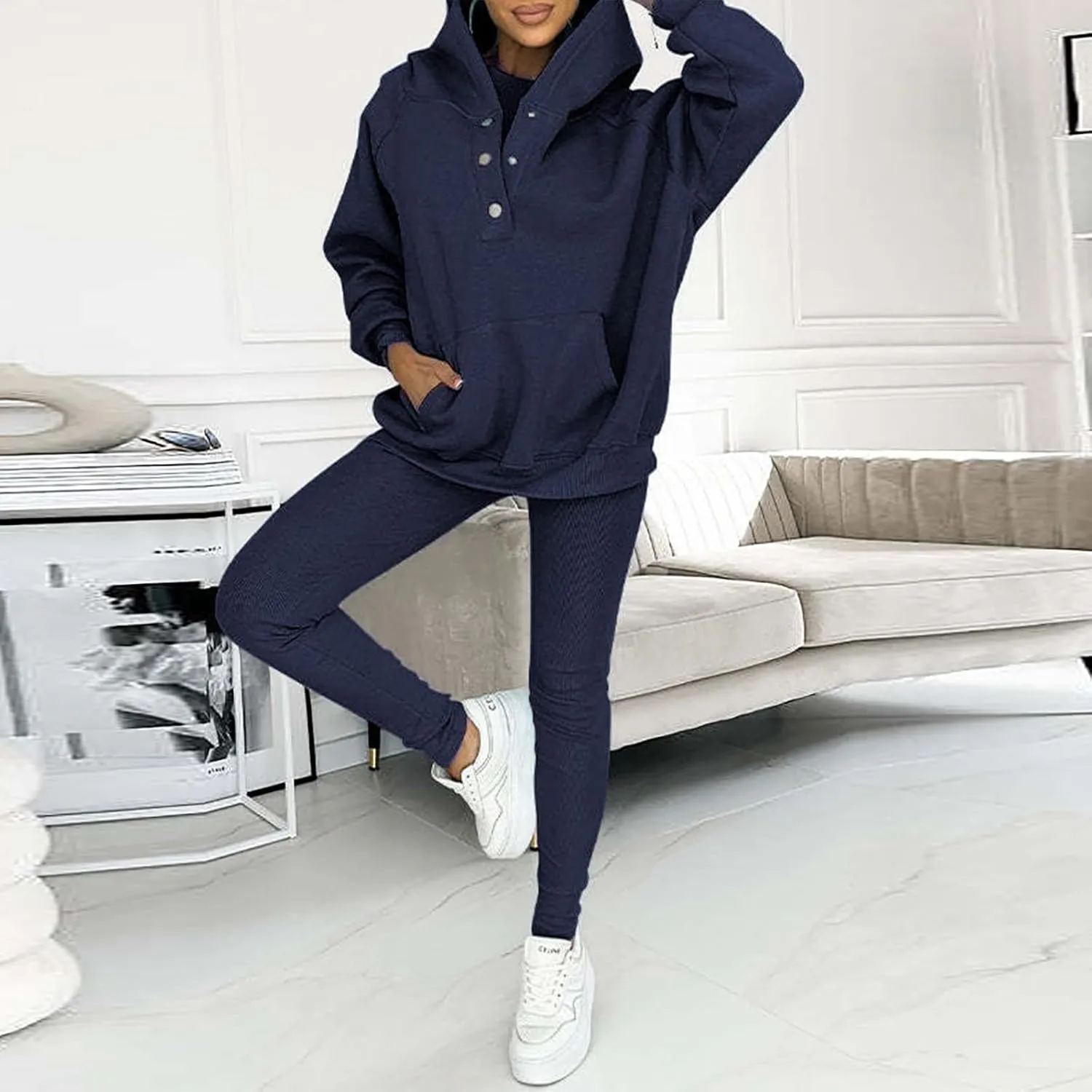 Calmlily 3 Piece Hoodie Set Women, Calmlily Solid Oversized Button Hoodie, Casual Hooded & Sweatshirt Suit