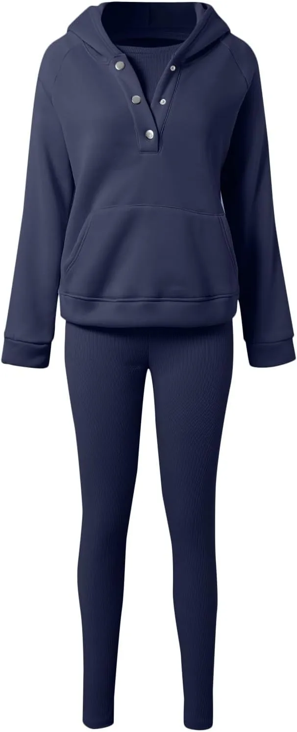 Calmlily 3 Piece Hoodie Set Women, Calmlily Solid Oversized Button Hoodie, Casual Hooded & Sweatshirt Suit
