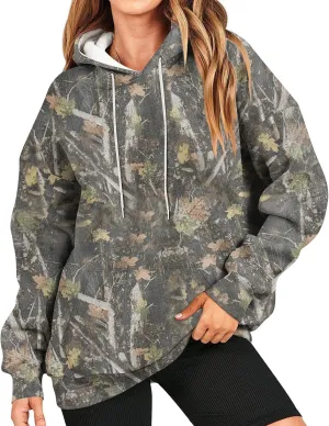 Camo Hoodie Women Casual Loose Fit Sweatshirts Maple Leaf Print Oversized Pullover with Pocket Fall Clothes