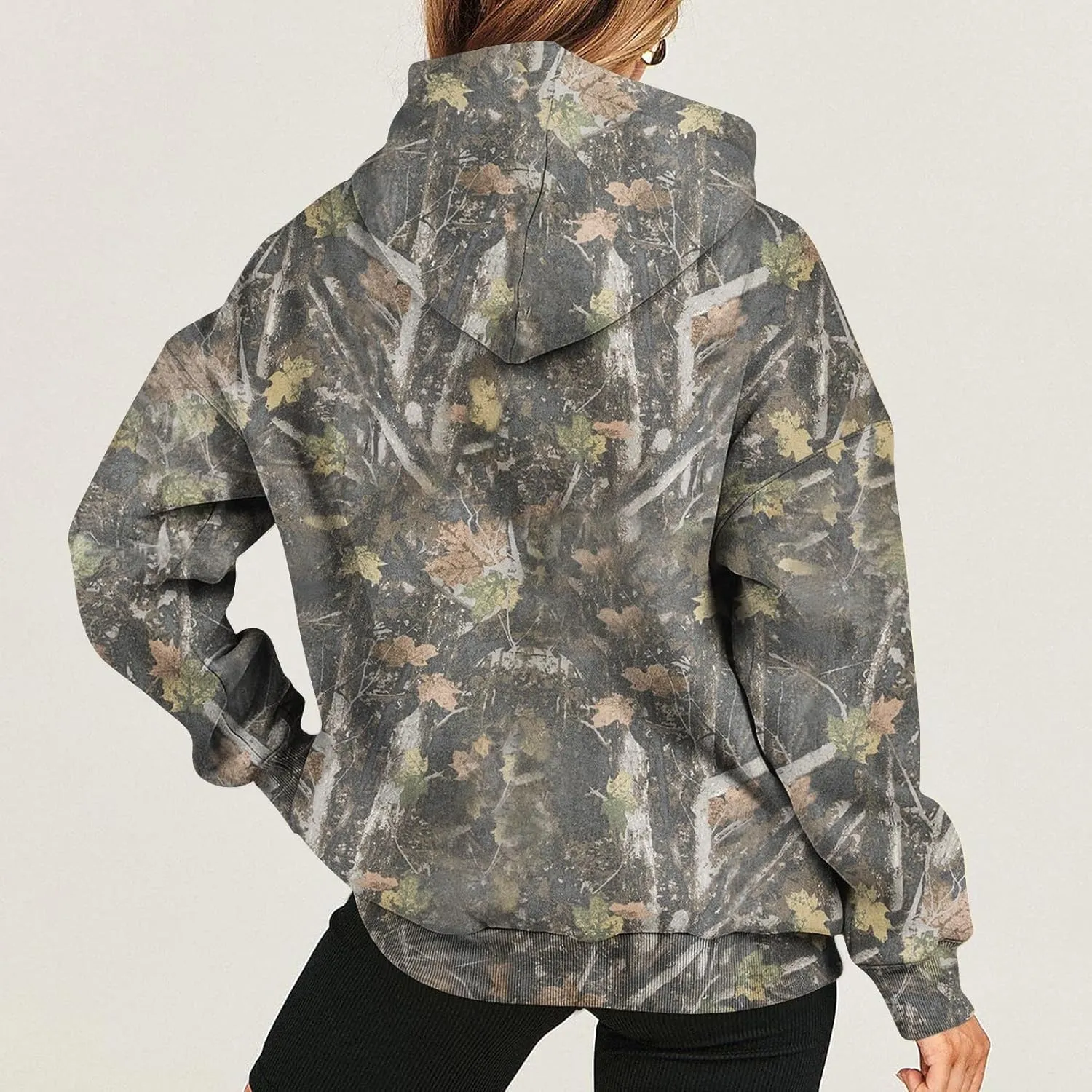Camo Hoodie Women Casual Loose Fit Sweatshirts Maple Leaf Print Oversized Pullover with Pocket Fall Clothes
