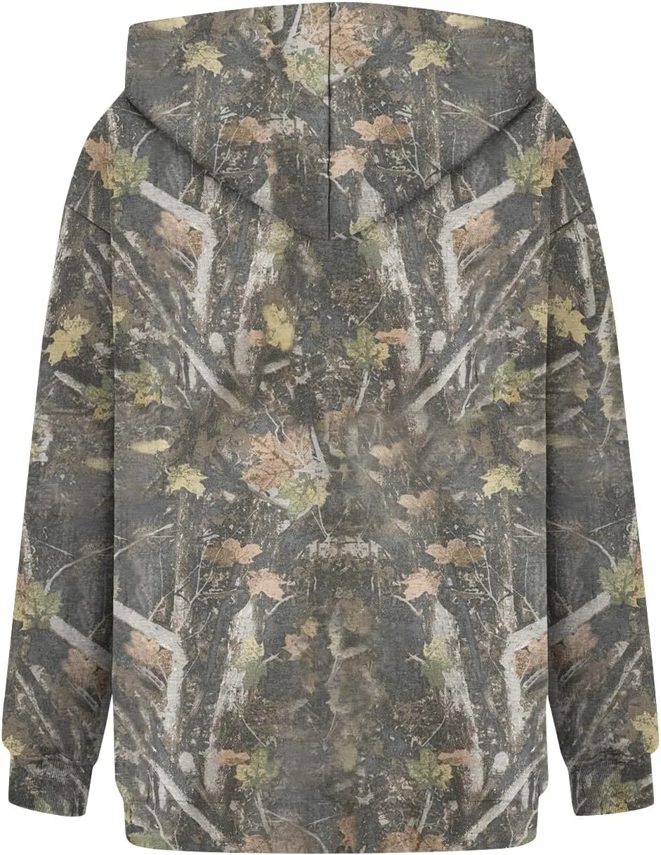 Camo Hoodie Women Casual Loose Fit Sweatshirts Maple Leaf Print Oversized Pullover with Pocket Fall Clothes