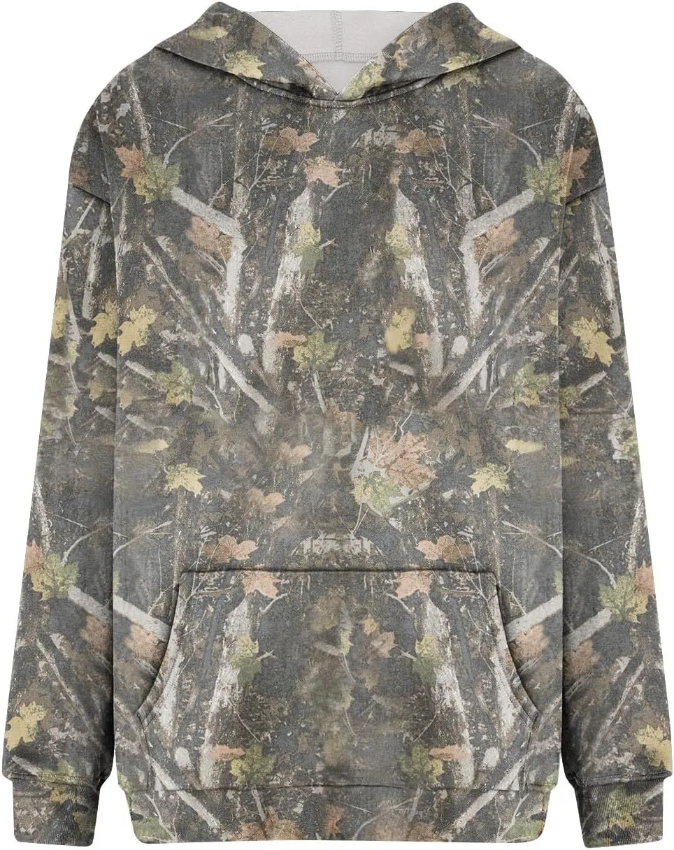 Camo Hoodie Women Casual Loose Fit Sweatshirts Maple Leaf Print Oversized Pullover with Pocket Fall Clothes