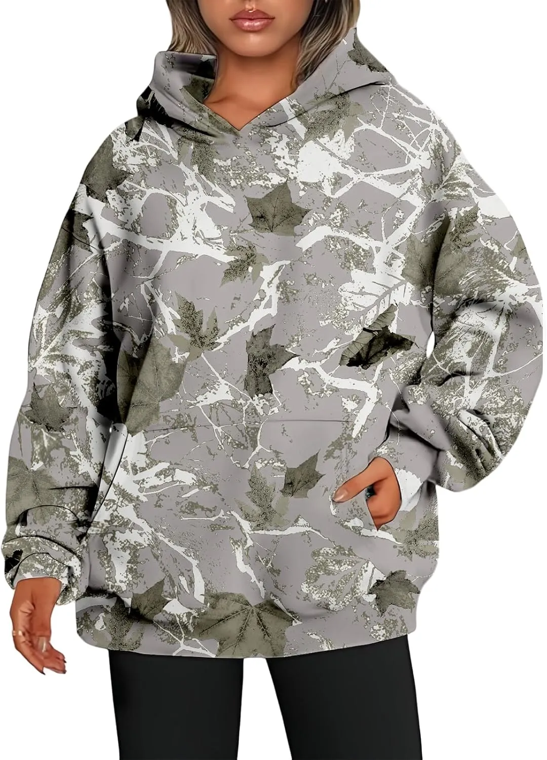 Camo Hoodies for Women Maple Leaf Print Oversized Hooded Sweatshirt Lightweight Pullover Sweatshirts with Pocket