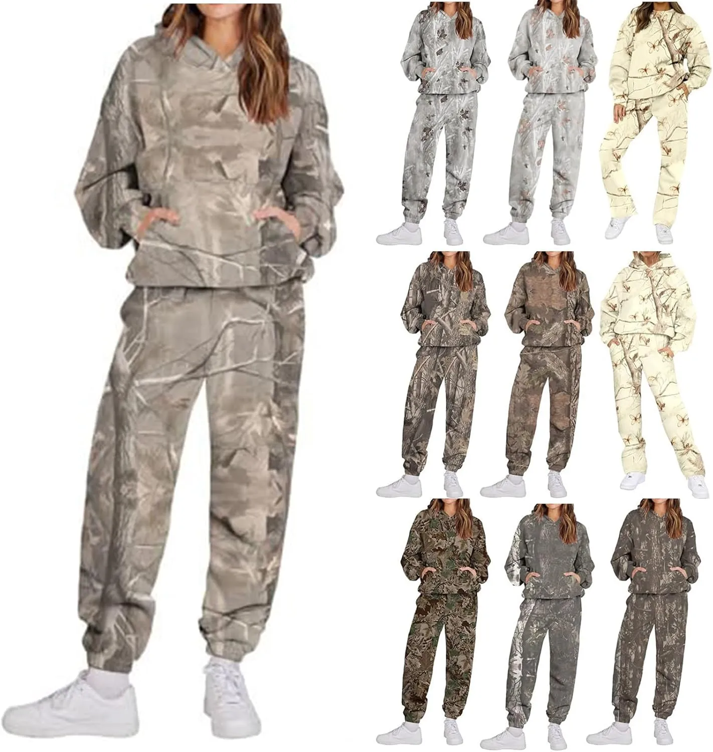 Camo Sweat Set for Women 2 Piece Hoodie Sets Maple Leaf Print Oversized Sweatshirt Sweatpants Fall Outfits