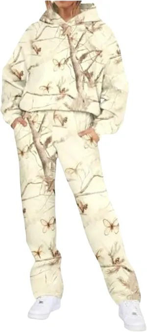 Camo Sweatsuits for Women Set 2 Piece Maple Leaf Print Oversized Sweatshirt Camo Hoodies Sweater Sweatpants Sets