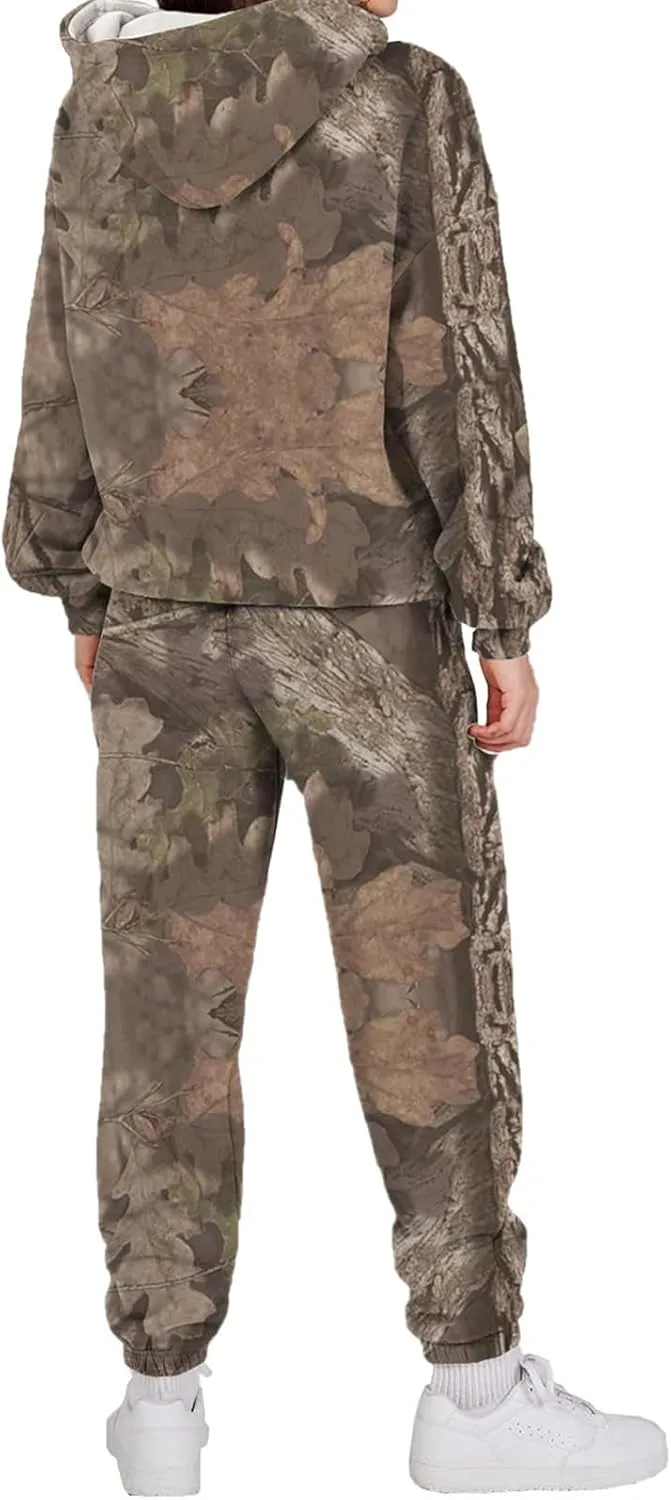 Camo Sweatsuits for Women Set 2 Piece Maple Leaf Print Oversized Sweatshirt Camo Hoodies Sweater Sweatpants Sets