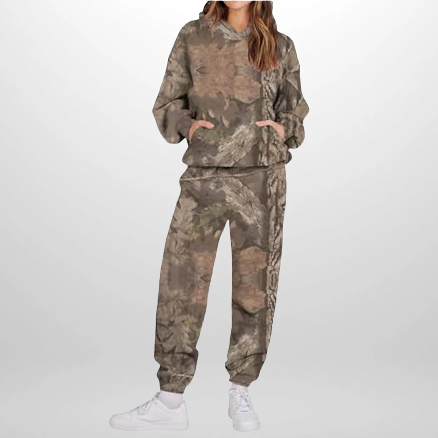Camo Sweatsuits for Women Set 2 Piece Maple Leaf Print Oversized Sweatshirt Camo Hoodies Sweater Sweatpants Sets