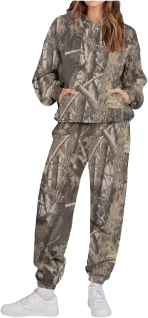 Camo Sweatsuits for Women Set 2 Piece,Womens Camo Hoodie Maple Leaf Print Oversized Sweaters Sweatshirt Sweatpants