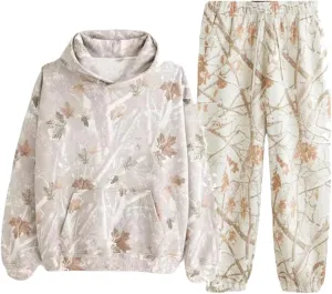 Camo Sweatsuits for Women Set 2 Piece,Womens Camo Hoodie Maple Leaf Print Oversized Sweaters Sweatshirt Sweatpants