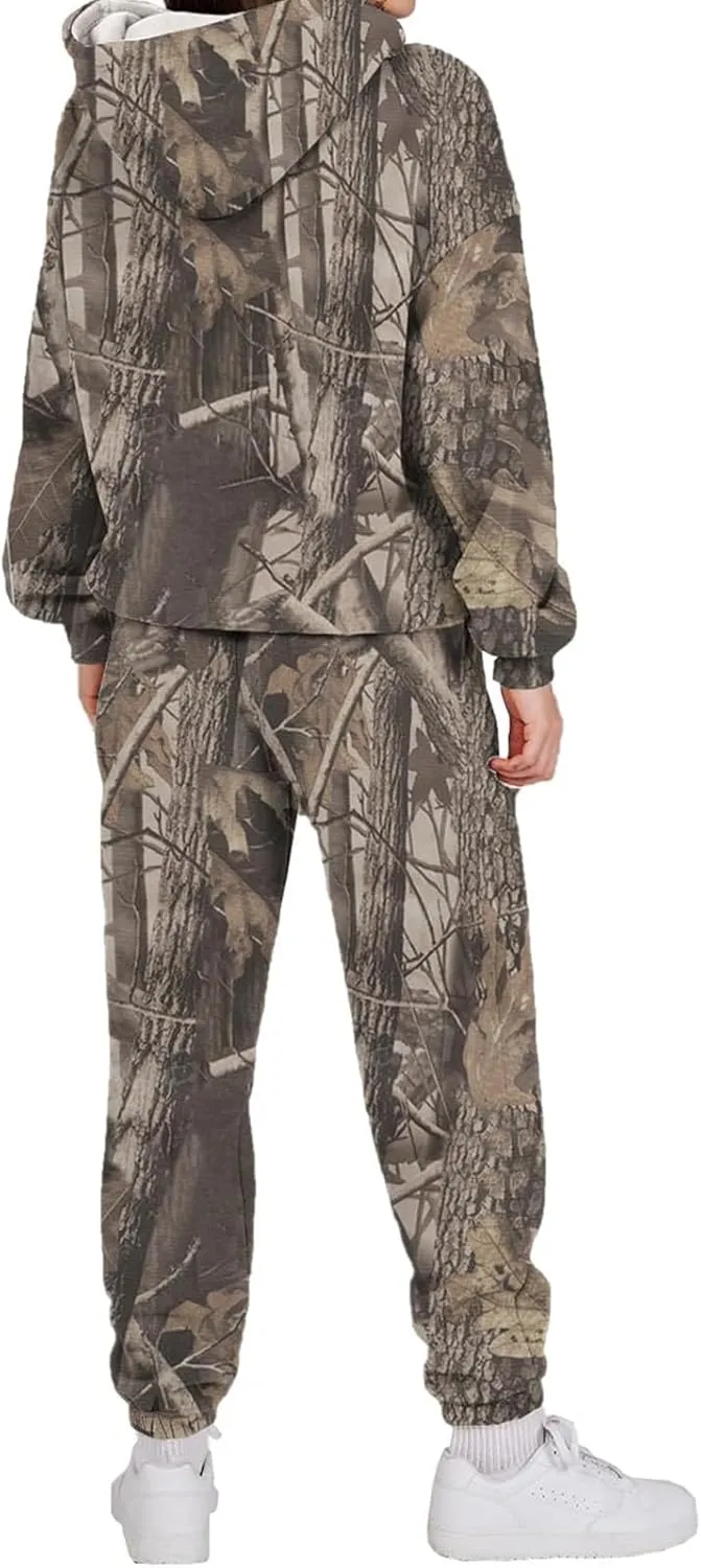 Camo Sweatsuits for Women Set 2 Piece,Womens Camo Hoodie Maple Leaf Print Oversized Sweaters Sweatshirt Sweatpants
