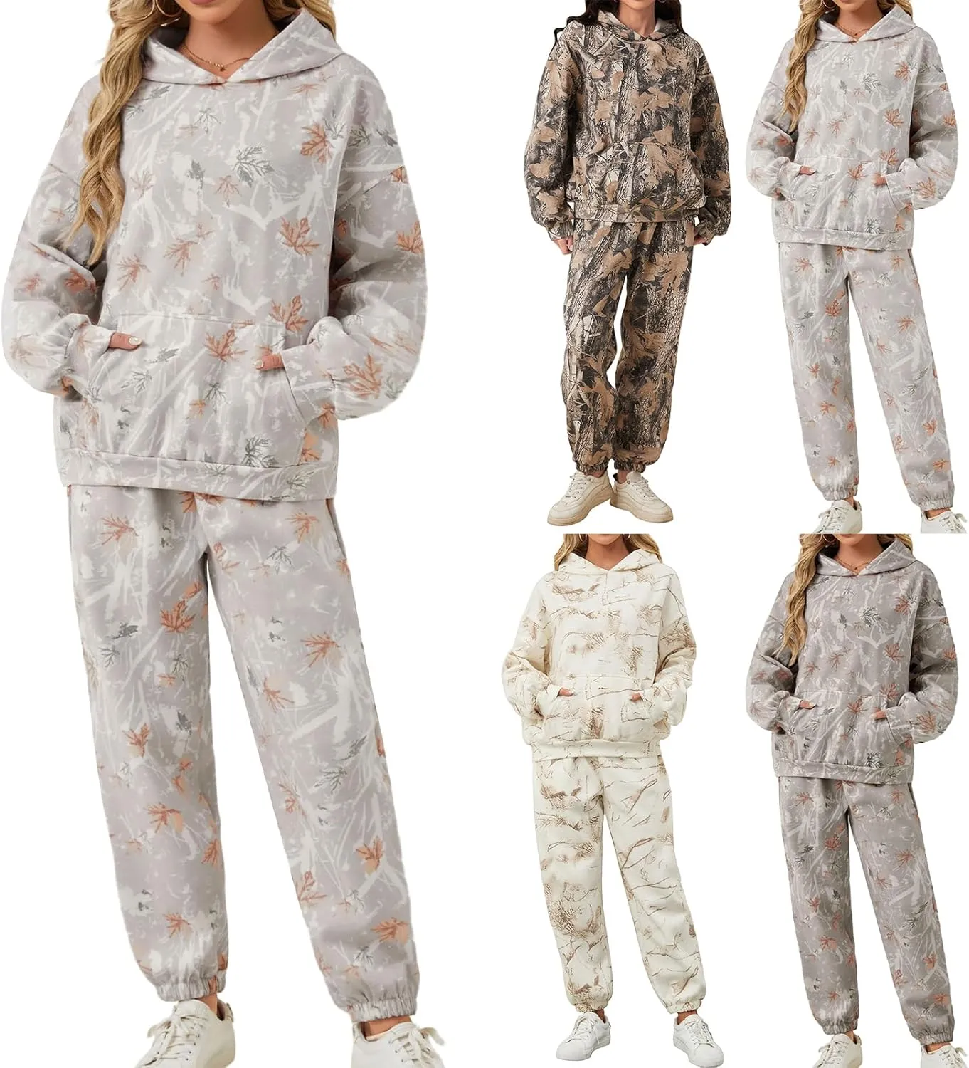 Camo Sweatsuits Women 2 Piece Outfit Camo Hoodies Pullover Maple Leaf Print Oversized Sweatshirt Joggers Sweat Sets