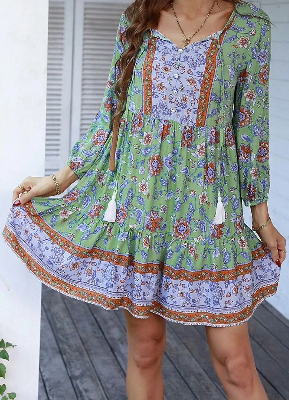CHARTOU Women Floral Boho Dress 3/4 Balloon Sleeve Ruffle Babydoll Mini Dress