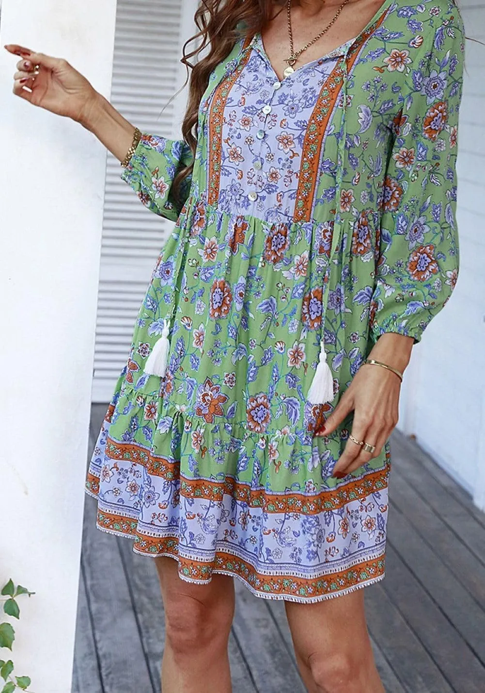 CHARTOU Women Floral Boho Dress 3/4 Balloon Sleeve Ruffle Babydoll Mini Dress