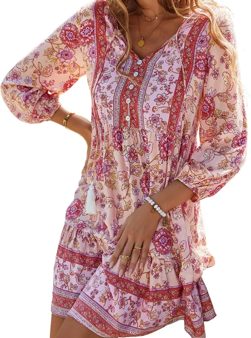 CHARTOU Women Floral Boho Dress 3/4 Balloon Sleeve Ruffle Babydoll Mini Dress
