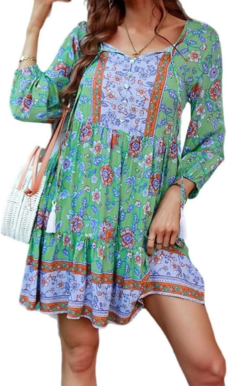 CHARTOU Women Floral Boho Dress 3/4 Balloon Sleeve Ruffle Babydoll Mini Dress