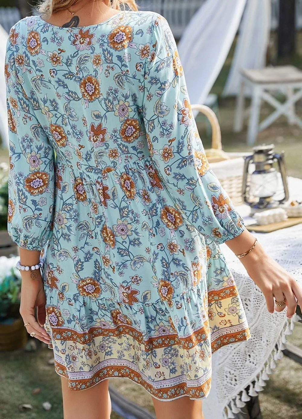 CHARTOU Women Floral Boho Dress 3/4 Balloon Sleeve Ruffle Babydoll Mini Dress