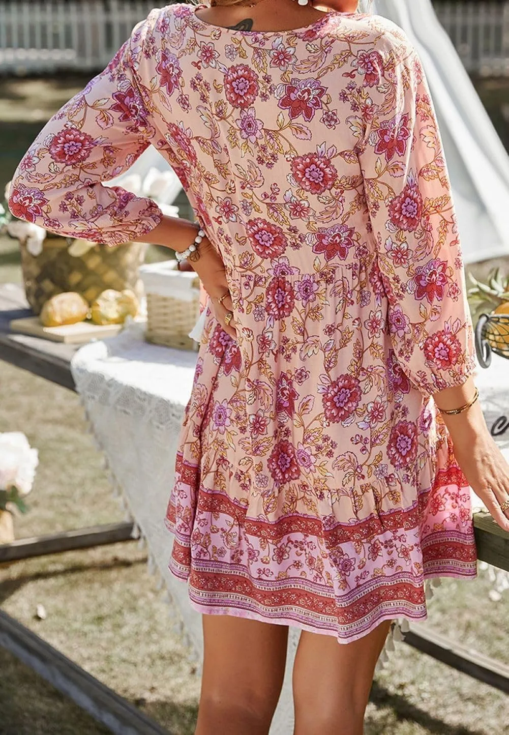 CHARTOU Women Floral Boho Dress 3/4 Balloon Sleeve Ruffle Babydoll Mini Dress