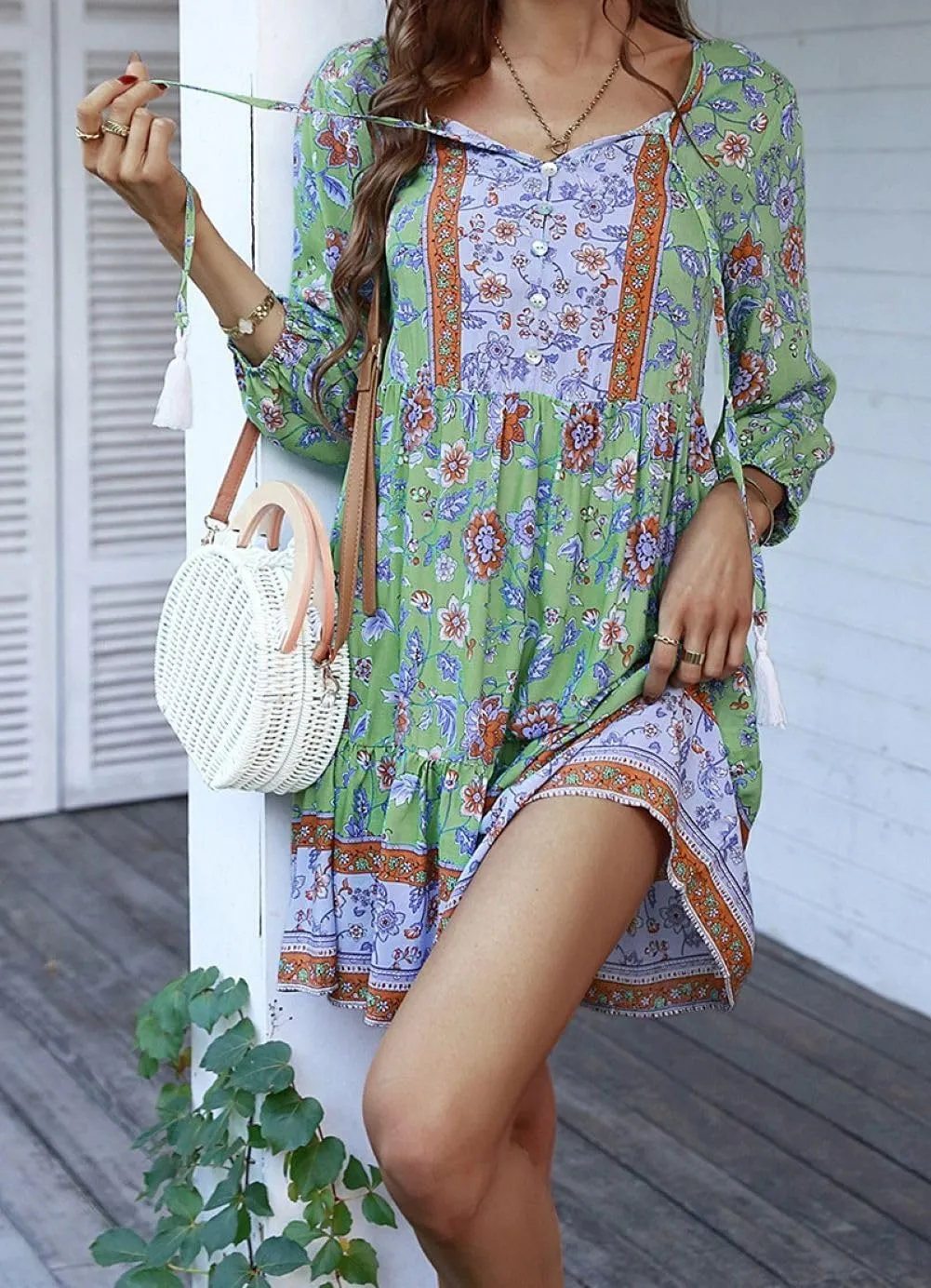 CHARTOU Women Floral Boho Dress 3/4 Balloon Sleeve Ruffle Babydoll Mini Dress