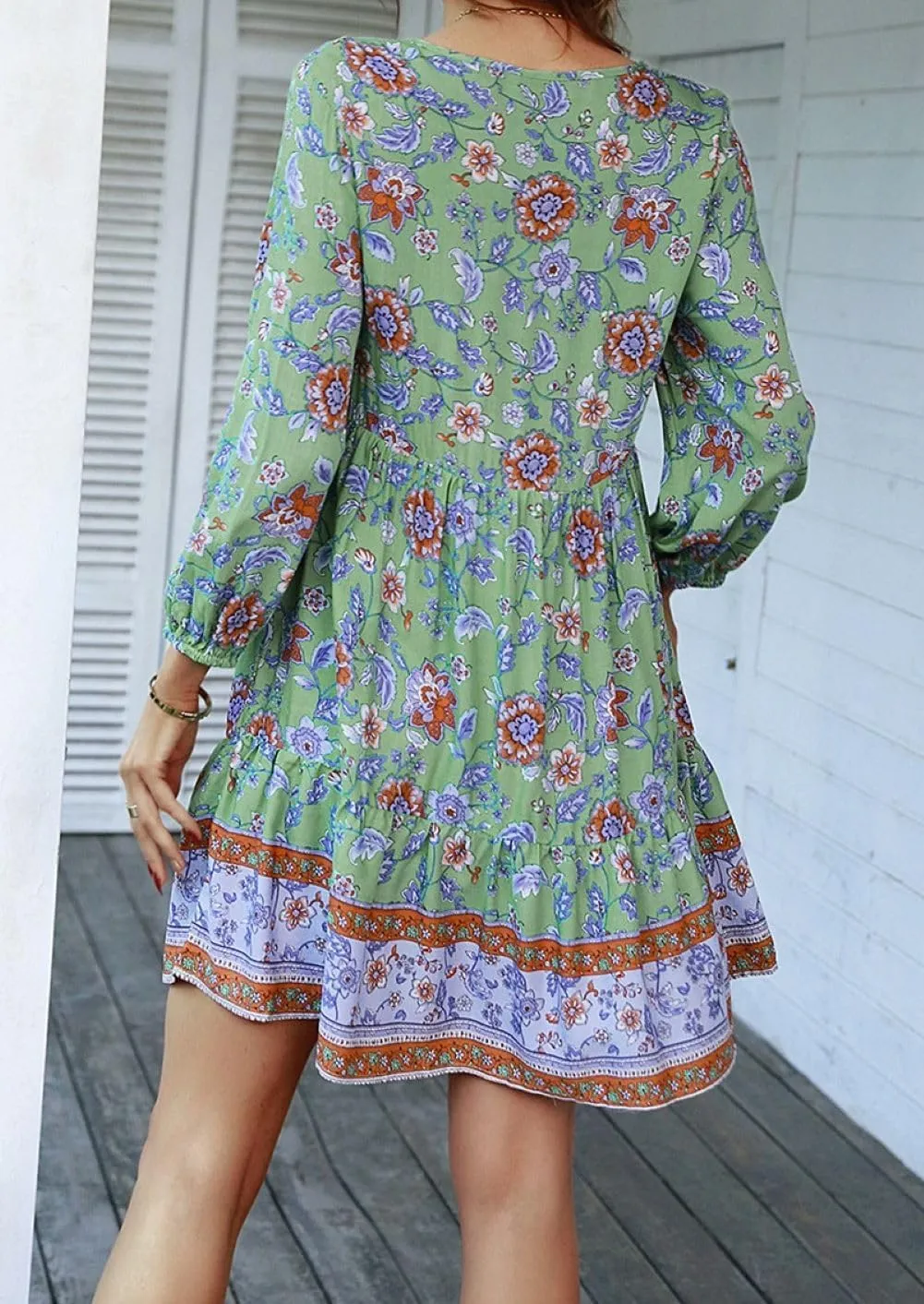 CHARTOU Women Floral Boho Dress 3/4 Balloon Sleeve Ruffle Babydoll Mini Dress