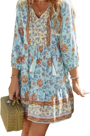 CHARTOU Women Floral Boho Dress 3/4 Balloon Sleeve Ruffle Babydoll Mini Dress