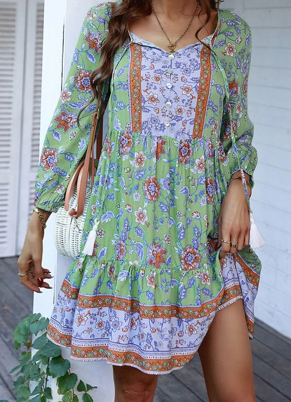 CHARTOU Women Floral Boho Dress 3/4 Balloon Sleeve Ruffle Babydoll Mini Dress